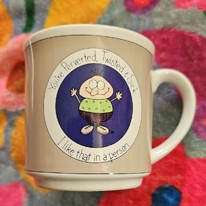 Vintage Humorous Cartoon Mug with Beige and Blue Design